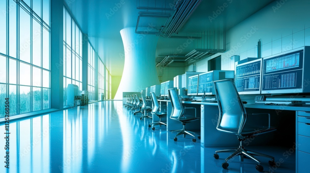 Poster nuclear energy control room operations power plant digital dashboard environment modern design viewp