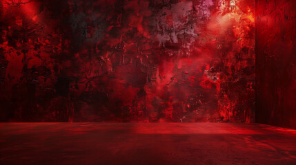  a dark, intense scene filled with red tones and textures, evoking a fiery, dramatic, or possibly infernal atmosphere The space seems enclosed, with a textured, smoky background 