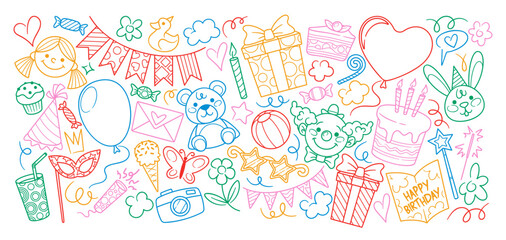 Big birthday set of colorful holiday doodles, festive childish scribbles and baby shower elements