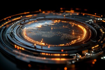 High-tech global network visualization with illuminated city connections on a dark background