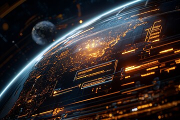 Illuminated digital map of Asia with high-tech interface highlighting data