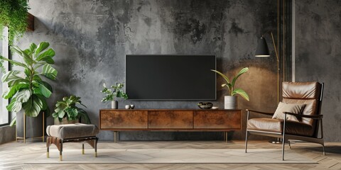 Modern Living Room Interior with Wall-Mounted Television Cabinet and Armchair