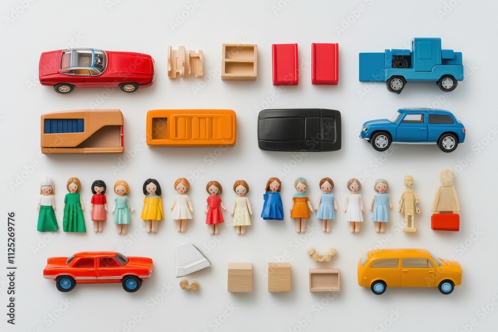 Poster brightly colored children's toys including toy cars, dolls, and blocks arranged neatly on a white ba