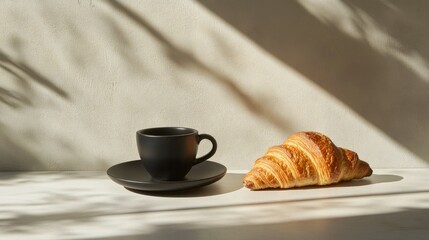 A minimalist setup featuring a black coffee cup and flaky croissant on a textured background with subtle shadows