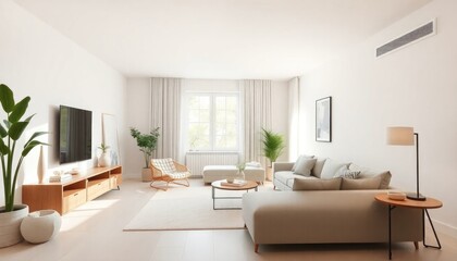 Fototapeta premium Living room simple with minimalist furniture, neutral tones, a clear and uncluttered space, and plenty of natural light to keep it airy