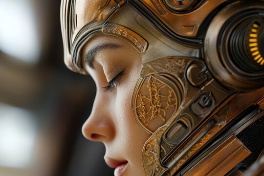 Close-up of a futuristic female cyborg with intricate metallic design, set in a high-tech environment during a science fiction gathering