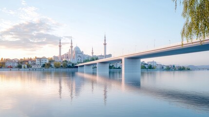 Obraz premium Serene sunrise over a city with a mosque and bridge reflected in calm water.
