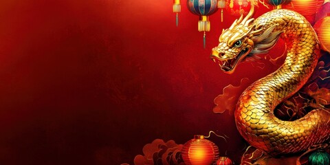 Obraz premium Golden snake with multicolored lanterns, swirling clouds on bold red background. Festive Chinese New Year 2025 zodiac banners, cards, invitations, posters. Lunar holiday design template.