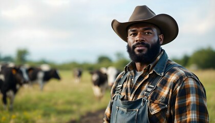 Burly handsome black bearded farmer rancher cowboy man in a field with crops and cows livestock pasture in overalls with plaid flannel hat and beard