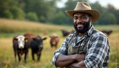 Burly handsome black bearded farmer rancher cowboy man in a field with crops and cows livestock pasture in overalls with plaid flannel hat and beard