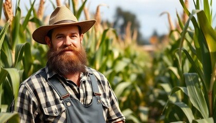 Fototapeta premium Burly handsome bearded farmer rancher cowboy man in a field with crops and cows livestock pasture in overalls with plaid flannel hat and beard