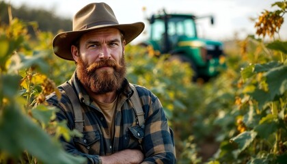 Fototapeta premium Burly handsome bearded farmer rancher cowboy man in a field with crops and cows livestock pasture in overalls with plaid flannel hat and beard