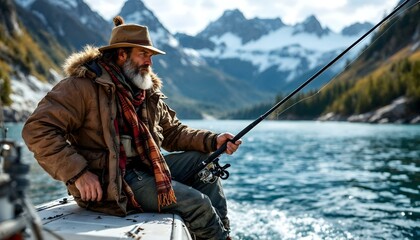 Obraz premium Older fisherman with a grey beard and fishing rod on a lake with snowy mountains in the background