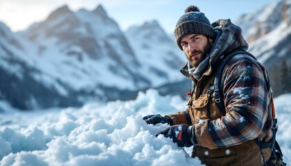 Fototapeta premium Man alone outside on an adventure hiking in the snow with mountains in the background in the winter outdoors in cold weather trekking gear