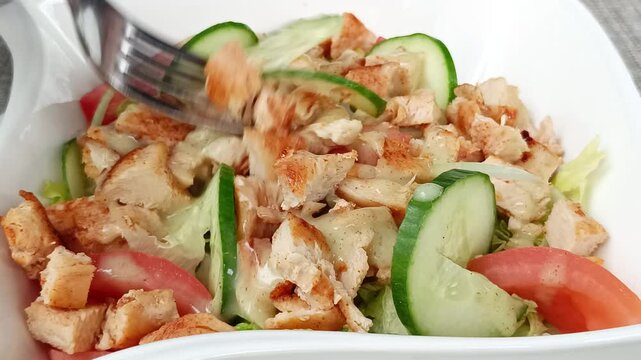 salade compos&eacute;e au poulet et crudit&eacute;s, en gros plan