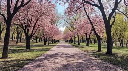 Obraz premium Path lined with blossoming pink cherry trees in a park.