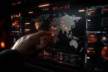 Interactive digital map display with user interface highlighting global data trends and geography in a modern setting