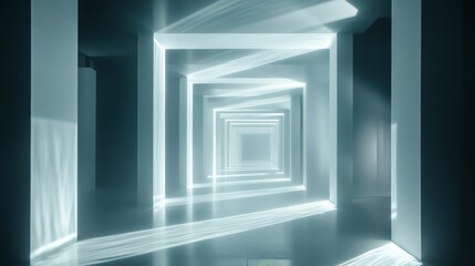 Light streaks illuminate a receding geometric hallway.