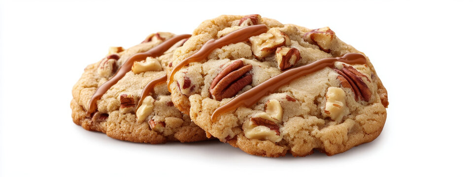 Delicious homemade cookies with pecans and caramel drizzle, featuring a golden brown texture and tempting topping, perfect for a sweet treat.