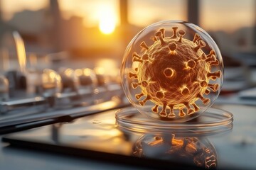 Virus model placed on lab table with sunset in background highlighting scientific research efforts