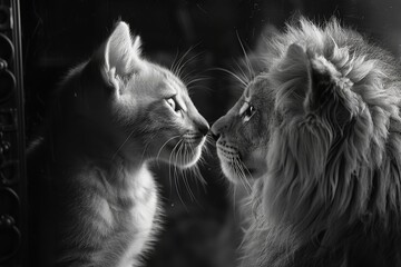 A lion, which represents inner power and metamorphosis, appears to a kitten as its mirror. Generative Ai