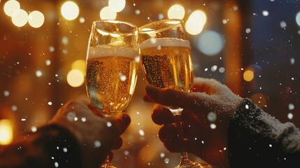 Clinking glasses of champagne in hands on bright lights background with snow effect