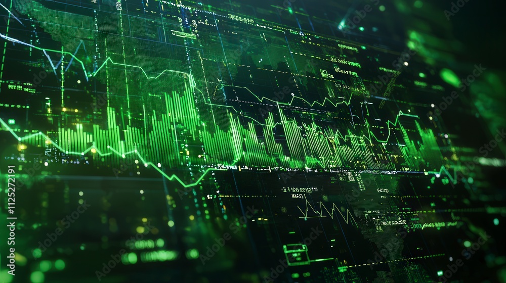 Poster global market trends in green technology analyzing energy stock portfolio growth and data visualizat