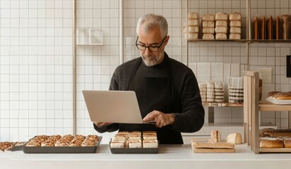 senior male baker uses a laptop in his bakery,managing orders or inventory. He stands behind the counter in a tiled shop, surrounded by fresh pastries. Local small business, digital age.