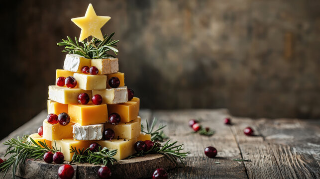 A festive stack of cheeses like Brie, Gouda, and Cheddar, arranged in the shape of a Christmas tree, decorated with rosemary sprigs and cranberries, set on a rustic wooden table