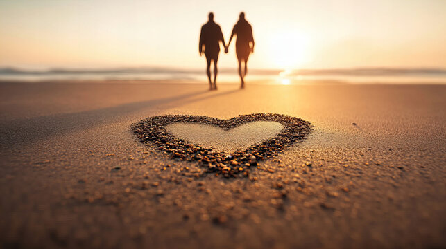 Couple holding hands and walking along a sandy beach at sunset with heart shape drawn in the sand - Powered by Adobe