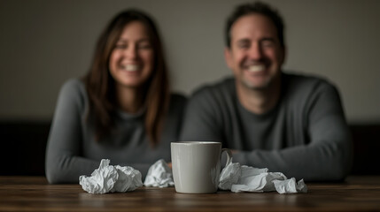 Smiling couple seated at a table with crumpled papers and a cup, conveying a lighthearted moment