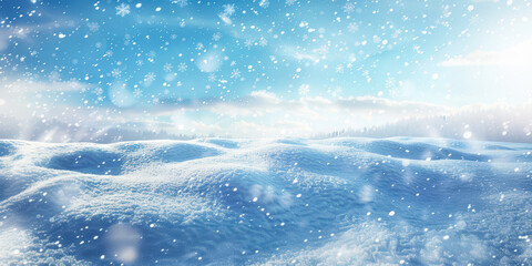 Snowflakes falling on beautiful winter landscape with snow covered hills and forest