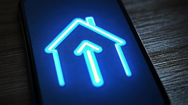 House icon illuminated on a smartphone showcasing a modern digital home design