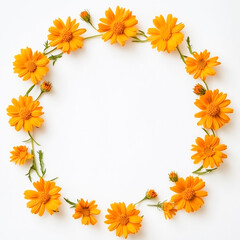 Obraz premium Frame of orange flowers on white background. Flat lay, top view