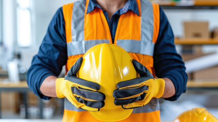 Construction worker holding hardhat emphasizing workplace safety