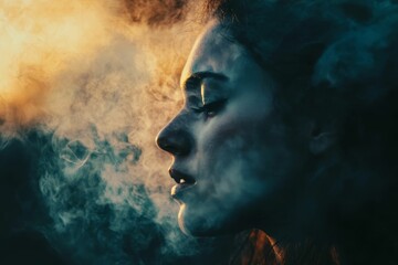 Woman's face, smoky, sunset light, mysterious.