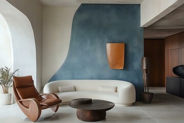 Contemporary interior design featuring a curved sofa paired with a leather chair, blue stucco wall creating a calming backdrop, clean and open layout