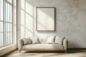 Minimalist Japandi living room with a boucle sofa near a stucco wall, featuring a single abstract art frame, soft natural lighting