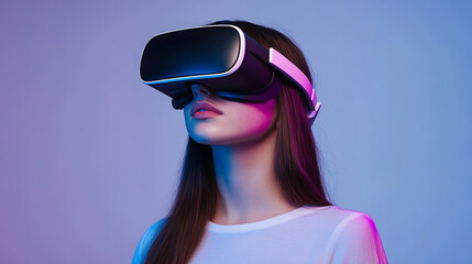 Fototapeta premium Young woman wearing a virtual reality headset in a futuristic setting with neon lights