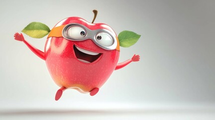 A happy superhero apple character joyfully leaps