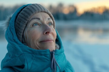 Fototapeta premium Portrait of a blissful woman in her 50s wearing a zip-up fleece hoodie in backdrop of a frozen winter lake