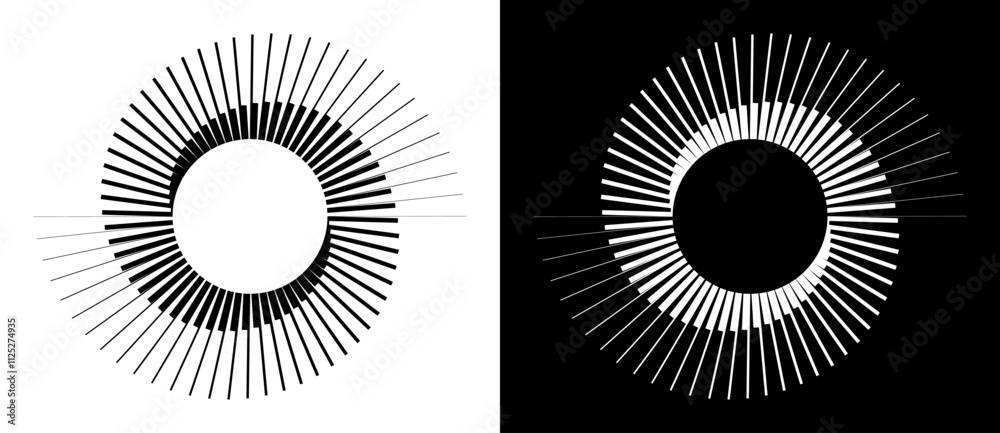 Poster Spiral with lines as dynamic abstract vector background or logo or icon. Yin and Yang symbol. Black spiral on white background and white spiral on black background.