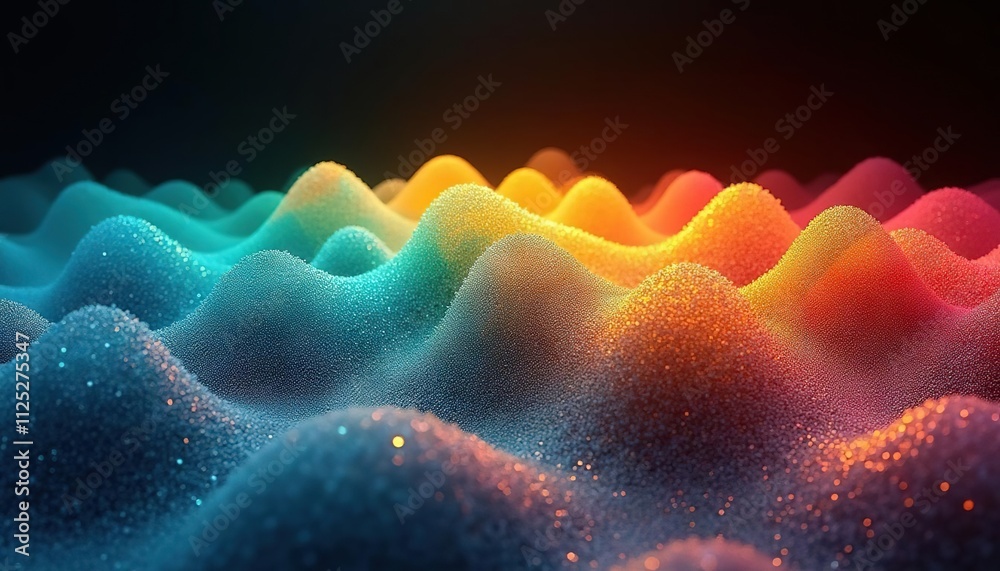 Poster Abstract colorful wave pattern with textured peaks in a dark background, resembling a rainbow landscape