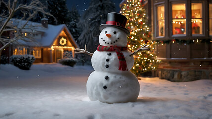 Obraz premium A cheerful snowman stands in a snowy yard, adorned with a top hat and scarf, before a festively lit house and Christmas tree.