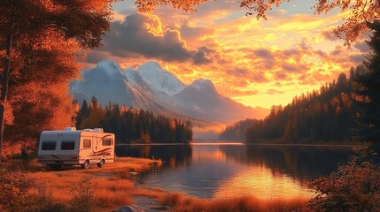 A beautiful lake in the mountains, an RV is parked by it, and you can see a stunning sunset over the trees.