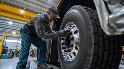 A man is working on a truck tire