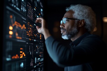 Professional analyzing data on a digital interface in a modern workspace during a late evening session