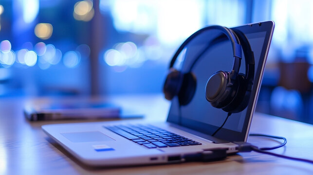 A laptop computer with headphones on it - Powered by Adobe
