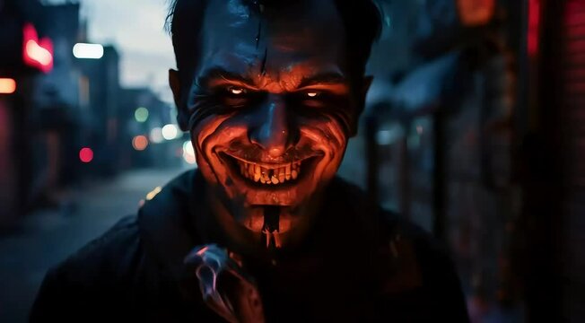Sinister Man Laughing in Dimly Lit Alley with Dramatic Firelight