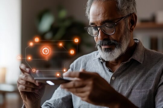 Senior man using smartphone with augmented reality interface displaying digital icons and data in a cozy indoor setting - Powered by Adobe